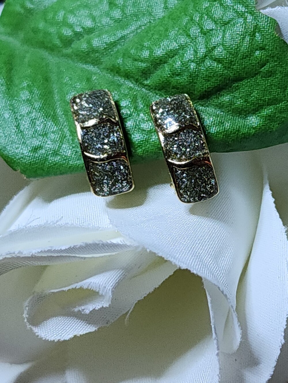 Vintage Green Sparkle Huggie Clipon Earrings